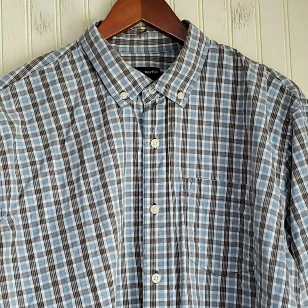 George & Martha Shirt Mens XL Blue Plaid Cotton Long Sleeve Button-Down Casual